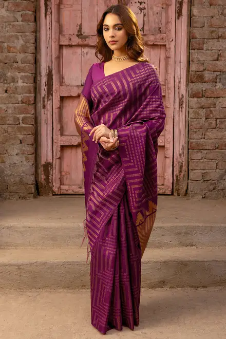 Wine Tussar Saree With Zari Woven Geometric Patterns